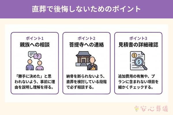 直葬（火葬式）を選ぶ際に注意すべき3つのポイント（親族への相談、菩提寺への連絡、見積書の詳細確認）をまとめたガイド。トラブルを防ぎ、納得のいくお別れをするためのアドバイスを掲載しています。